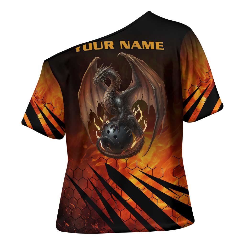Custom Fiery Dragon Bowling Cross Shoulder Shirt with Flaming Ball and Hexagon Flame Pattern - Wonder Print Shop