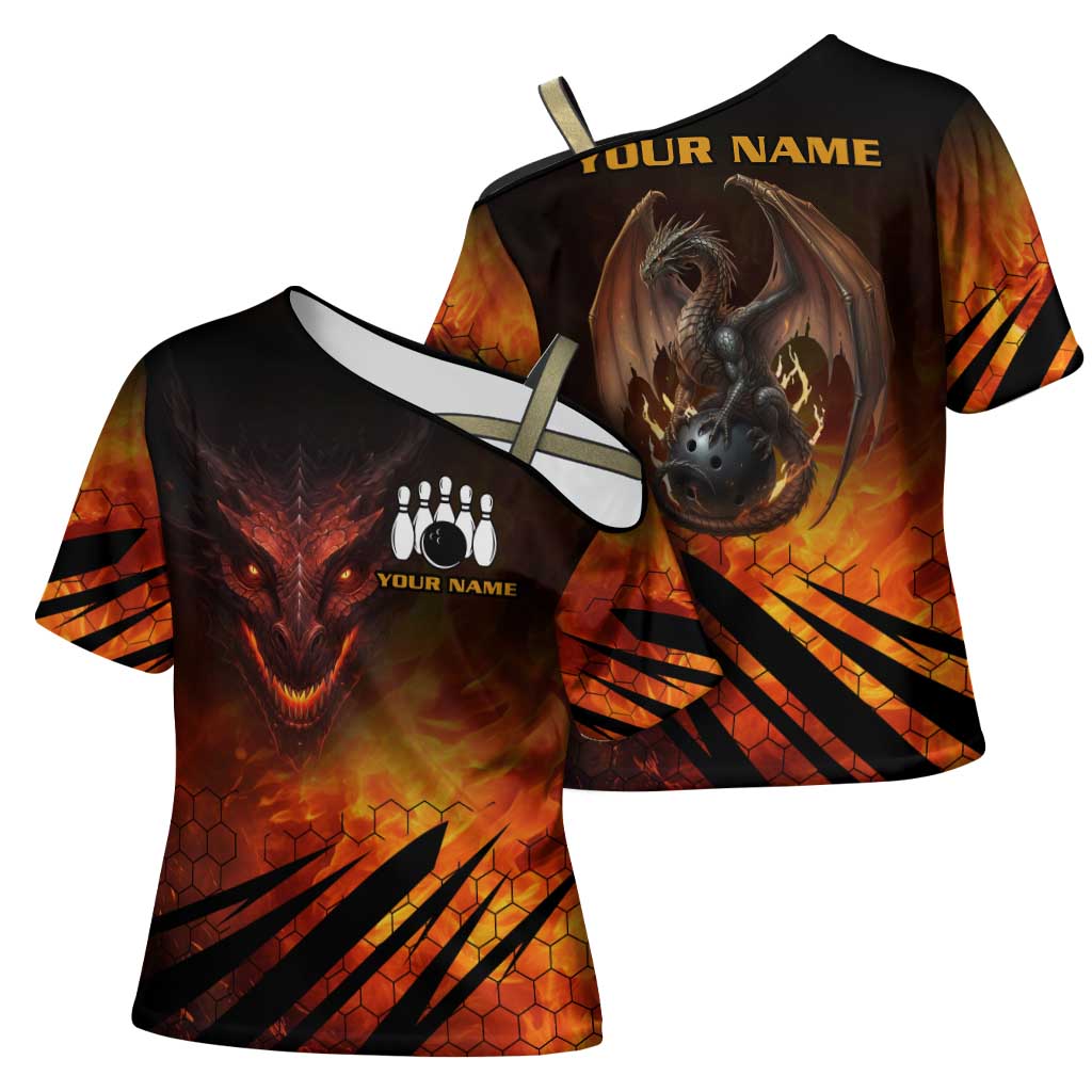 Custom Fiery Dragon Bowling Cross Shoulder Shirt with Flaming Ball and Hexagon Flame Pattern - Wonder Print Shop
