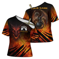 Custom Fiery Dragon Bowling Cross Shoulder Shirt with Flaming Ball and Hexagon Flame Pattern - Wonder Print Shop