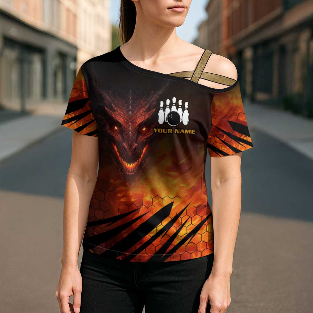 Custom Fiery Dragon Bowling Cross Shoulder Shirt with Flaming Ball and Hexagon Flame Pattern - Wonder Print Shop