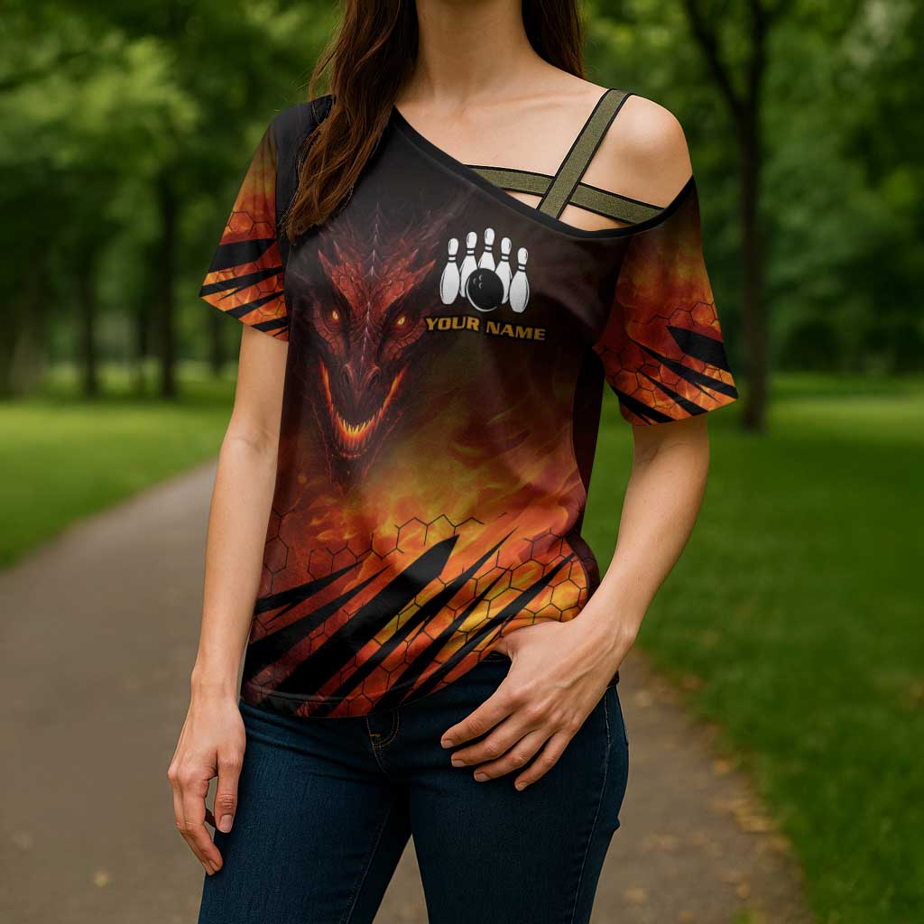 Custom Fiery Dragon Bowling Cross Shoulder Shirt with Flaming Ball and Hexagon Flame Pattern - Wonder Print Shop