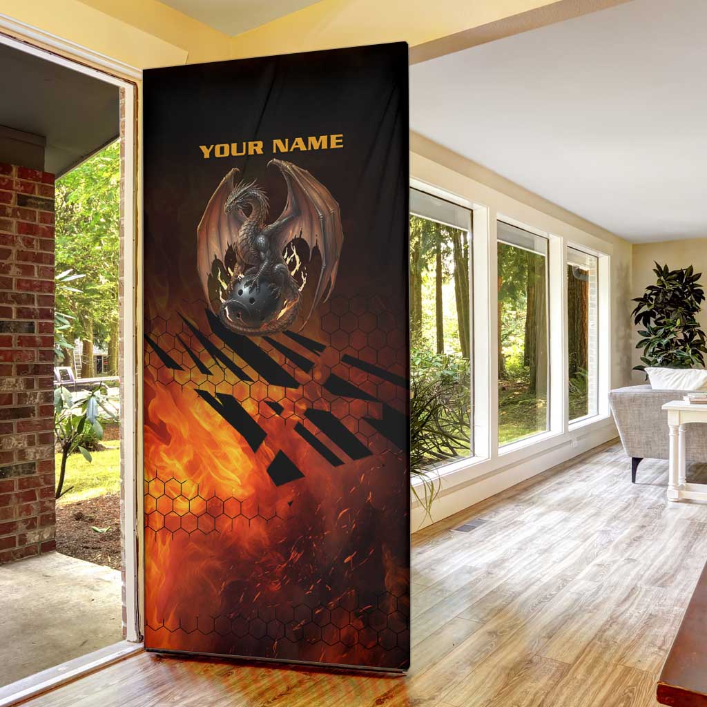 Custom Fiery Dragon Bowling Door Cover with Flaming Ball and Hexagon Flame Pattern - Wonder Print Shop
