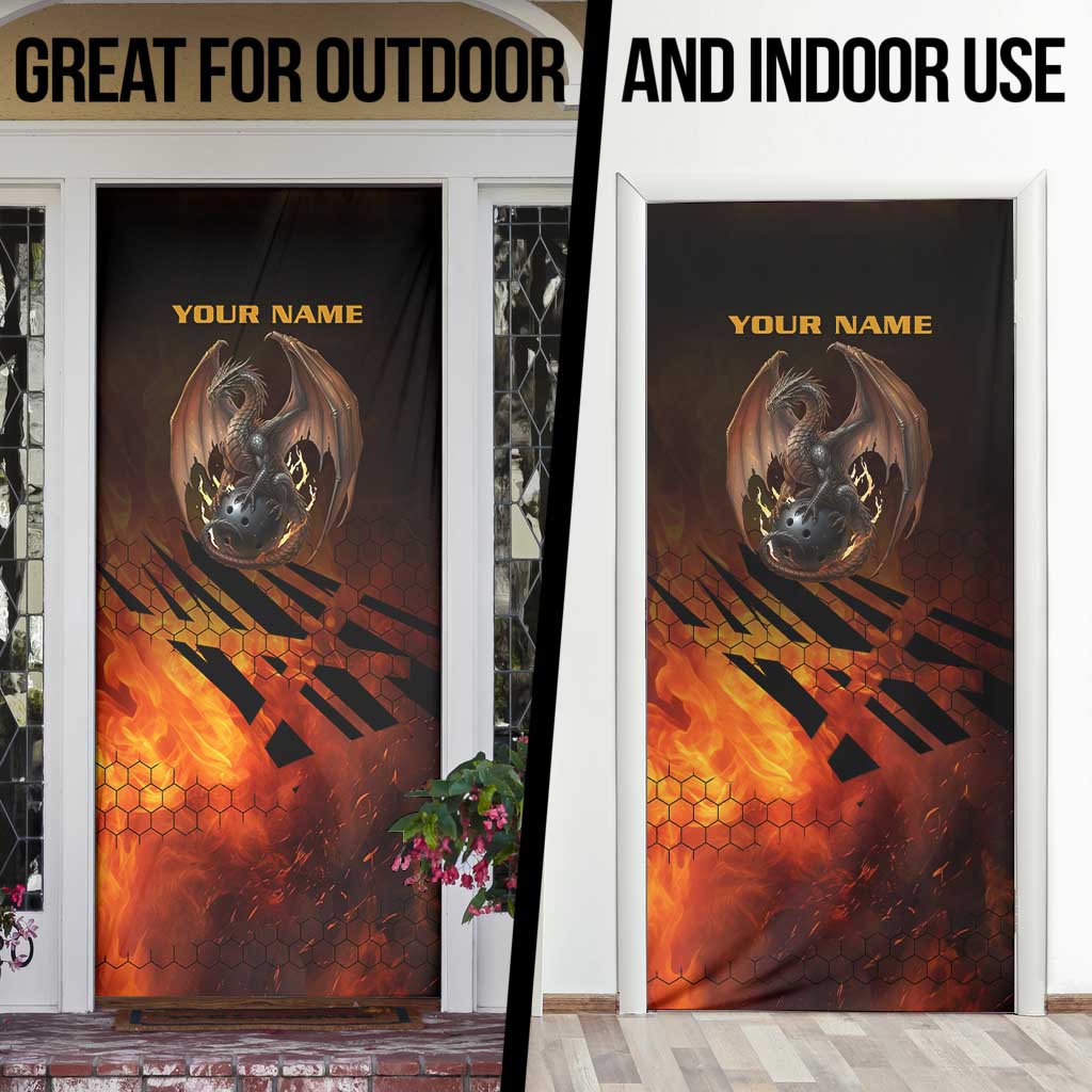 Custom Fiery Dragon Bowling Door Cover with Flaming Ball and Hexagon Flame Pattern - Wonder Print Shop