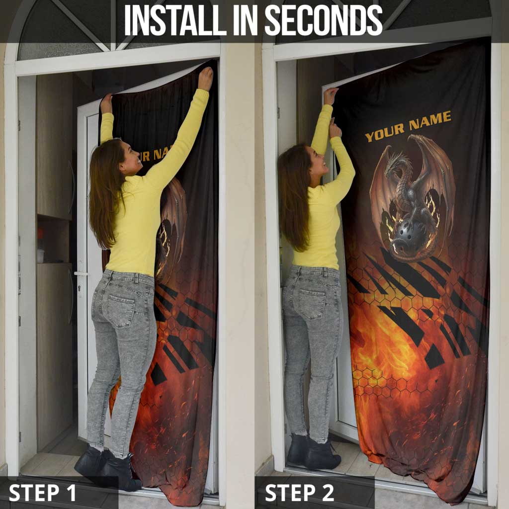 Custom Fiery Dragon Bowling Door Cover with Flaming Ball and Hexagon Flame Pattern - Wonder Print Shop