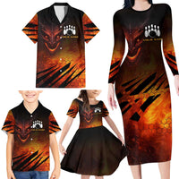 Custom Fiery Dragon Bowling Family Matching Long Sleeve Bodycon Dress and Hawaiian Shirt with Flaming Ball and Hexagon Flame Pattern - Wonder Print Shop