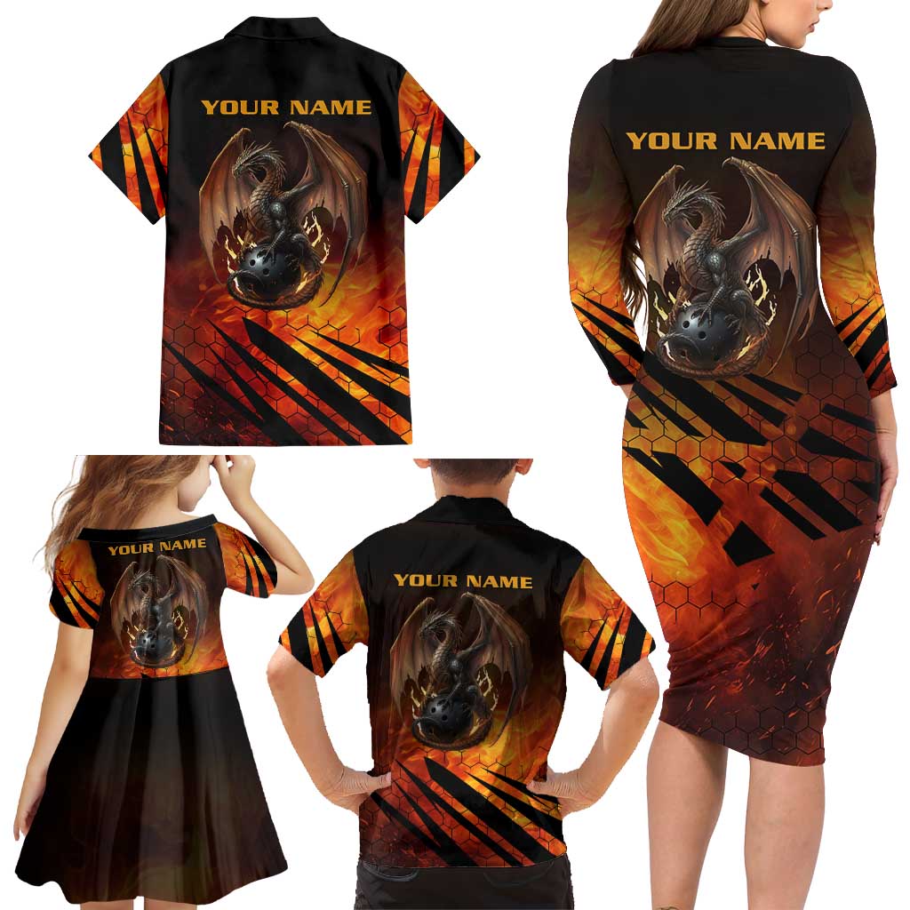 Custom Fiery Dragon Bowling Family Matching Long Sleeve Bodycon Dress and Hawaiian Shirt with Flaming Ball and Hexagon Flame Pattern - Wonder Print Shop