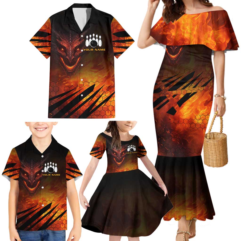Custom Fiery Dragon Bowling Family Matching Mermaid Dress and Hawaiian Shirt with Flaming Ball and Hexagon Flame Pattern - Wonder Print Shop