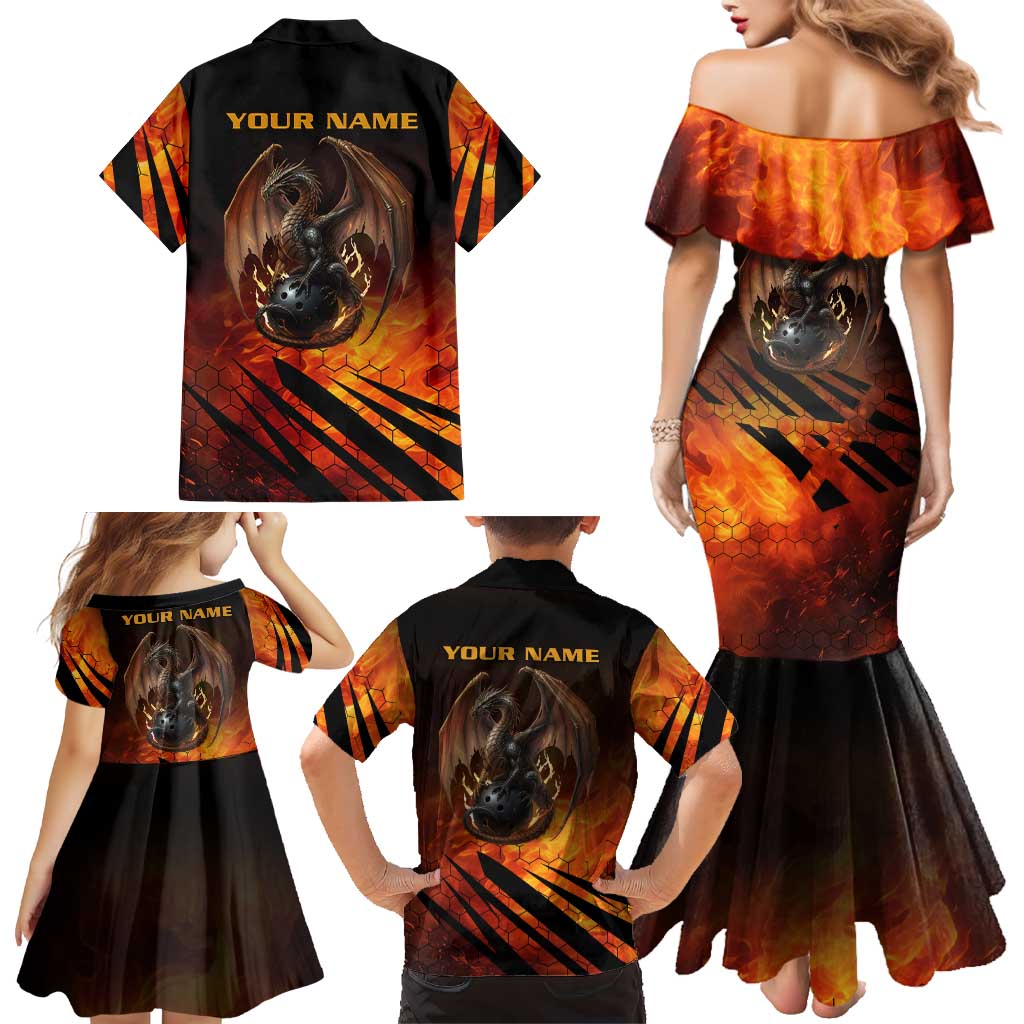 Custom Fiery Dragon Bowling Family Matching Mermaid Dress and Hawaiian Shirt with Flaming Ball and Hexagon Flame Pattern - Wonder Print Shop