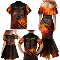 Custom Fiery Dragon Bowling Family Matching Mermaid Dress and Hawaiian Shirt with Flaming Ball and Hexagon Flame Pattern - Wonder Print Shop