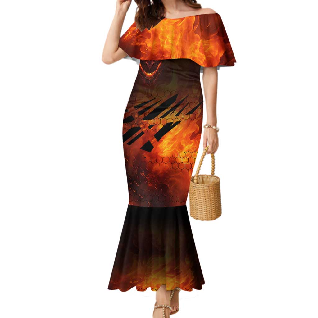 Custom Fiery Dragon Bowling Family Matching Mermaid Dress and Hawaiian Shirt with Flaming Ball and Hexagon Flame Pattern - Wonder Print Shop