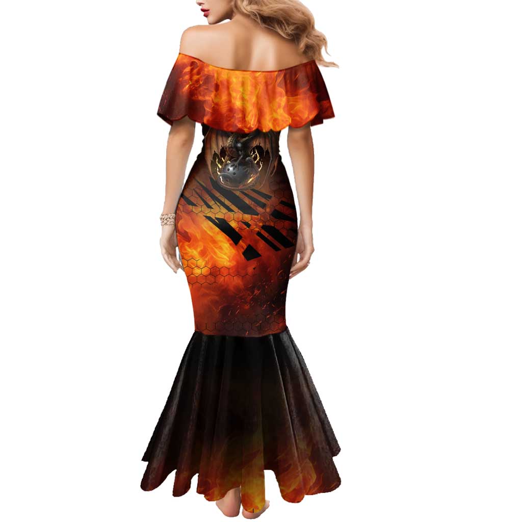 Custom Fiery Dragon Bowling Family Matching Mermaid Dress and Hawaiian Shirt with Flaming Ball and Hexagon Flame Pattern - Wonder Print Shop