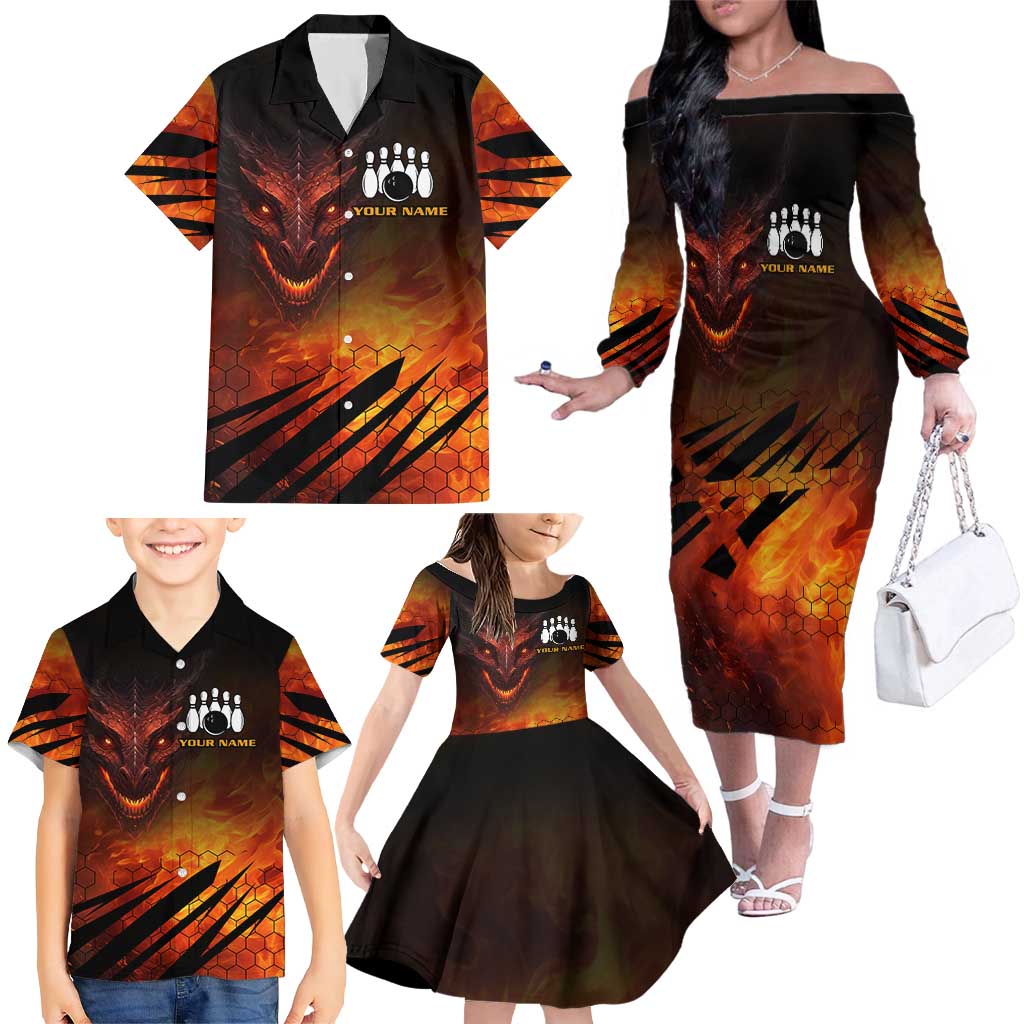 Custom Fiery Dragon Bowling Family Matching Off The Shoulder Long Sleeve Dress and Hawaiian Shirt with Flaming Ball and Hexagon Flame Pattern - Wonder Print Shop