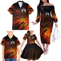 Custom Fiery Dragon Bowling Family Matching Off The Shoulder Long Sleeve Dress and Hawaiian Shirt with Flaming Ball and Hexagon Flame Pattern - Wonder Print Shop