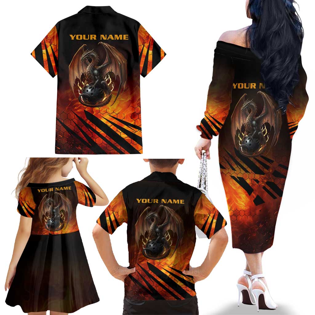 Custom Fiery Dragon Bowling Family Matching Off The Shoulder Long Sleeve Dress and Hawaiian Shirt with Flaming Ball and Hexagon Flame Pattern - Wonder Print Shop