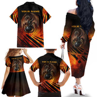 Custom Fiery Dragon Bowling Family Matching Off The Shoulder Long Sleeve Dress and Hawaiian Shirt with Flaming Ball and Hexagon Flame Pattern - Wonder Print Shop