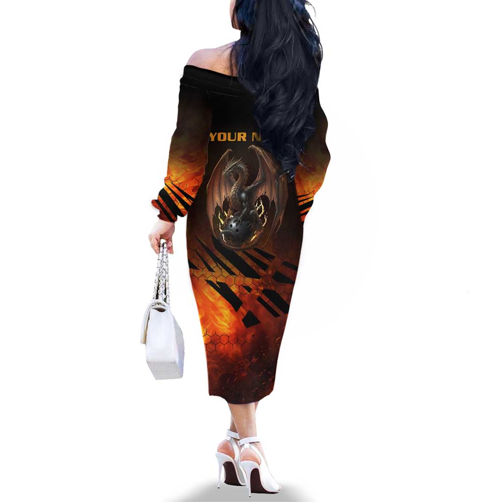 Custom Fiery Dragon Bowling Family Matching Off The Shoulder Long Sleeve Dress and Hawaiian Shirt with Flaming Ball and Hexagon Flame Pattern - Wonder Print Shop