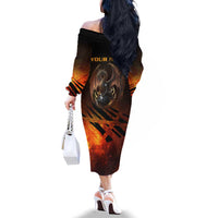 Custom Fiery Dragon Bowling Family Matching Off The Shoulder Long Sleeve Dress and Hawaiian Shirt with Flaming Ball and Hexagon Flame Pattern - Wonder Print Shop