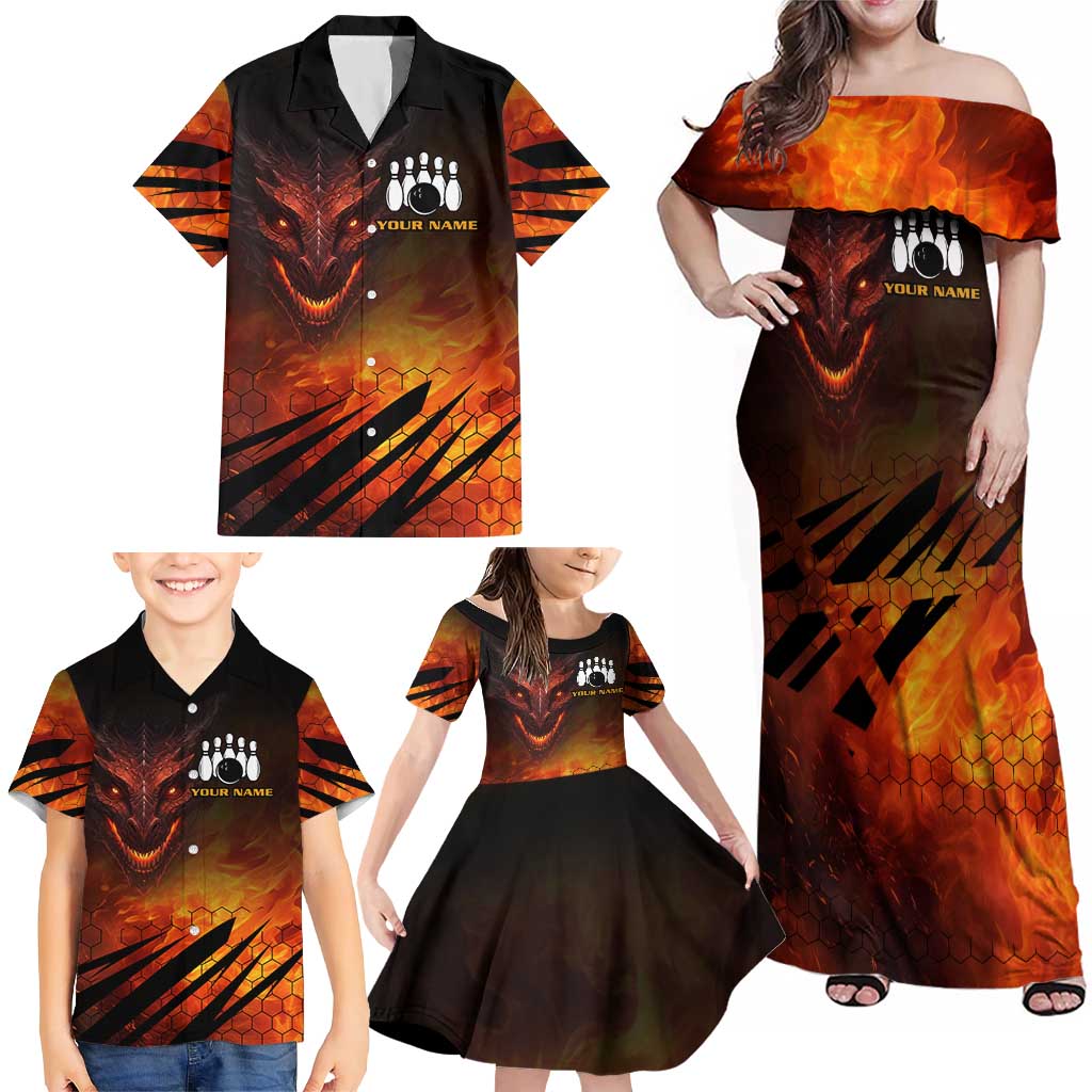 Custom Fiery Dragon Bowling Family Matching Off Shoulder Maxi Dress and Hawaiian Shirt with Flaming Ball and Hexagon Flame Pattern - Wonder Print Shop