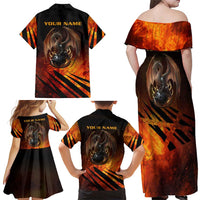 Custom Fiery Dragon Bowling Family Matching Off Shoulder Maxi Dress and Hawaiian Shirt with Flaming Ball and Hexagon Flame Pattern - Wonder Print Shop