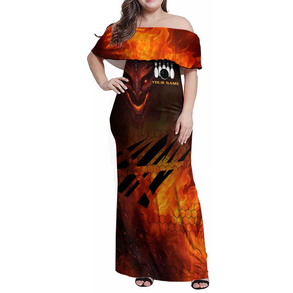 Custom Fiery Dragon Bowling Family Matching Off Shoulder Maxi Dress and Hawaiian Shirt with Flaming Ball and Hexagon Flame Pattern - Wonder Print Shop