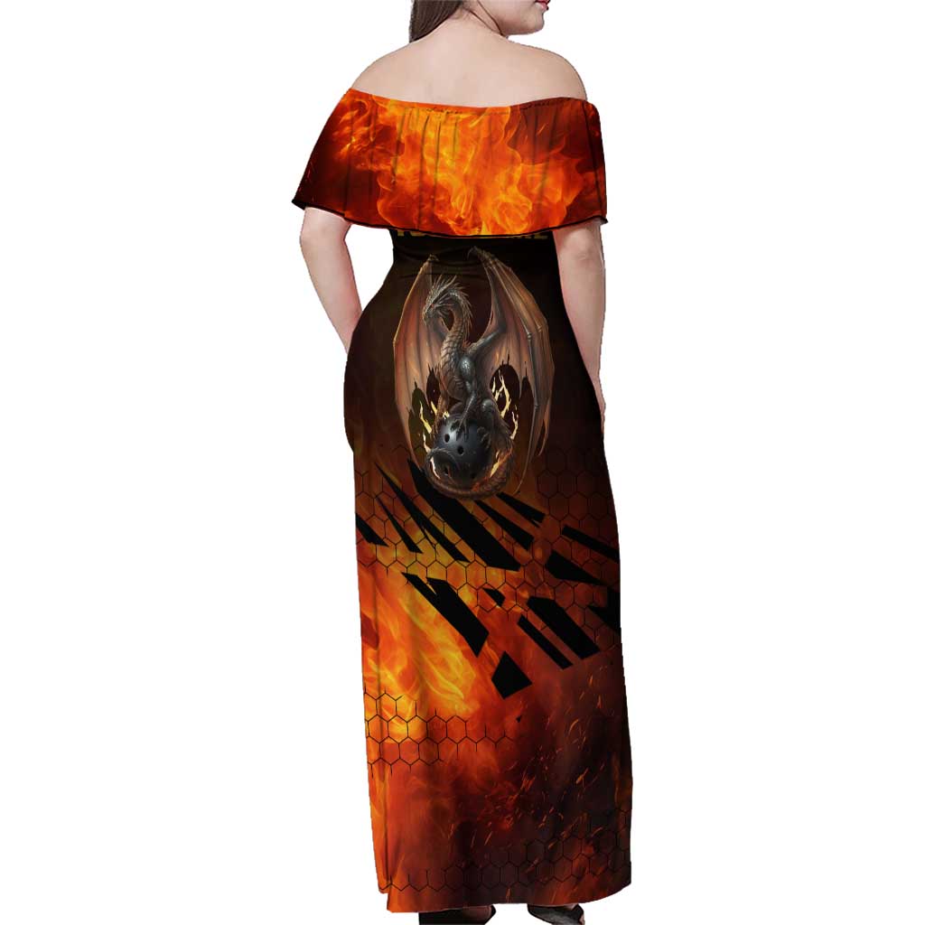 Custom Fiery Dragon Bowling Family Matching Off Shoulder Maxi Dress and Hawaiian Shirt with Flaming Ball and Hexagon Flame Pattern - Wonder Print Shop