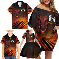 Custom Fiery Dragon Bowling Family Matching Off Shoulder Short Dress and Hawaiian Shirt with Flaming Ball and Hexagon Flame Pattern - Wonder Print Shop