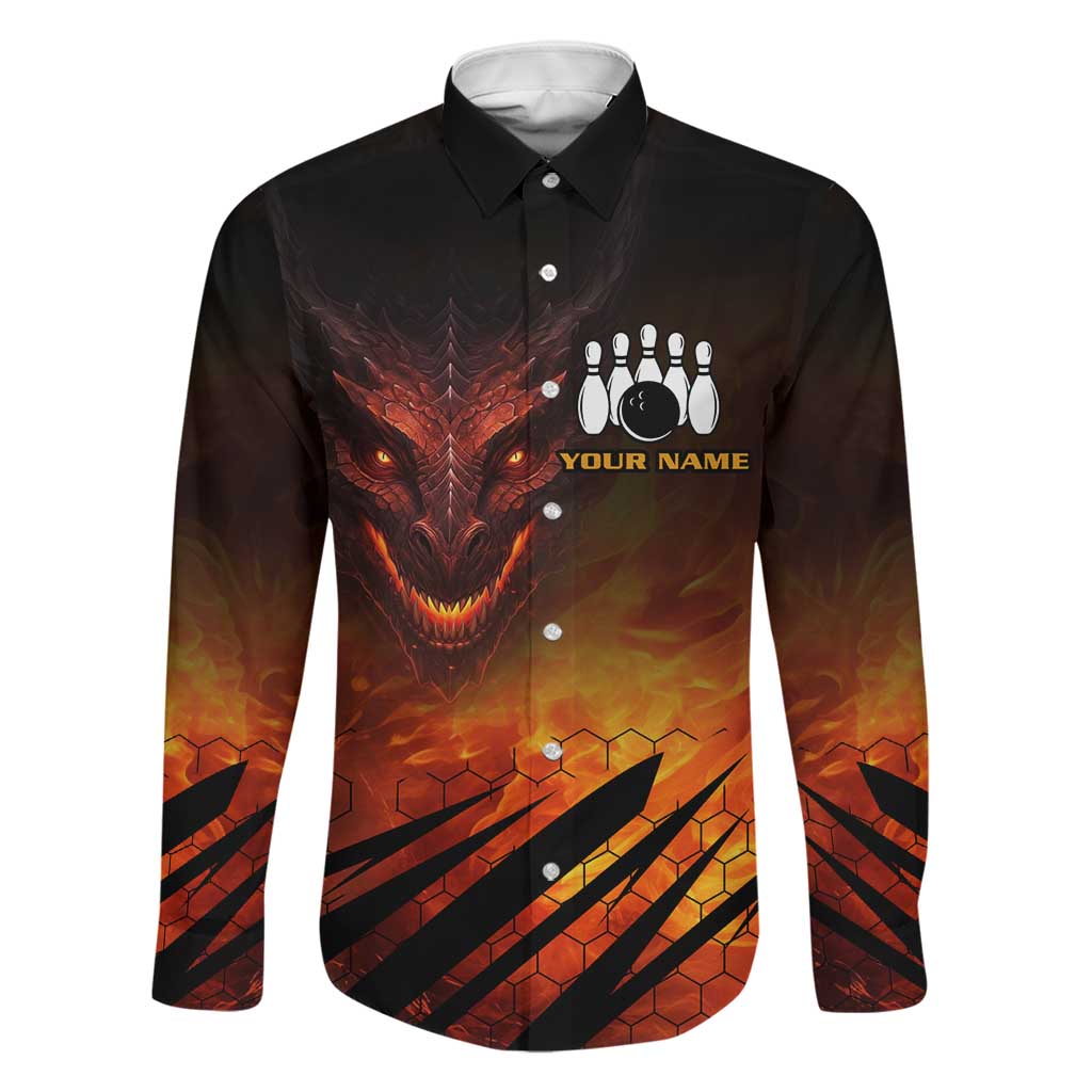 Custom Fiery Dragon Bowling Family Matching Off Shoulder Short Dress and Hawaiian Shirt with Flaming Ball and Hexagon Flame Pattern - Wonder Print Shop