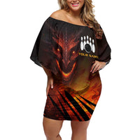 Custom Fiery Dragon Bowling Family Matching Off Shoulder Short Dress and Hawaiian Shirt with Flaming Ball and Hexagon Flame Pattern - Wonder Print Shop