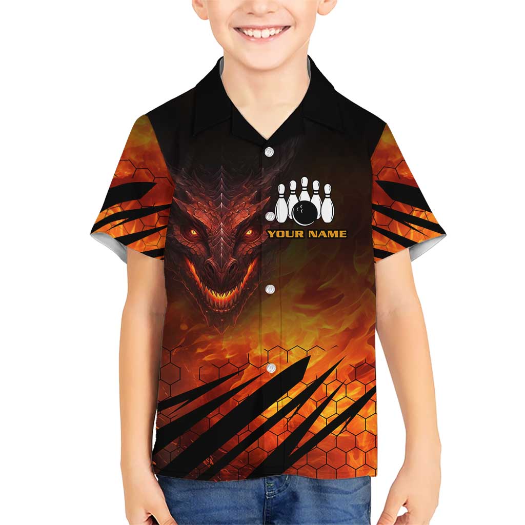 Custom Fiery Dragon Bowling Family Matching Off Shoulder Short Dress and Hawaiian Shirt with Flaming Ball and Hexagon Flame Pattern - Wonder Print Shop