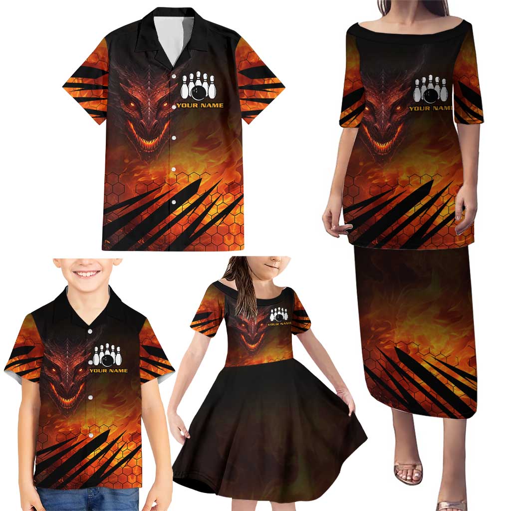 Custom Fiery Dragon Bowling Family Matching Puletasi and Hawaiian Shirt with Flaming Ball and Hexagon Flame Pattern - Wonder Print Shop