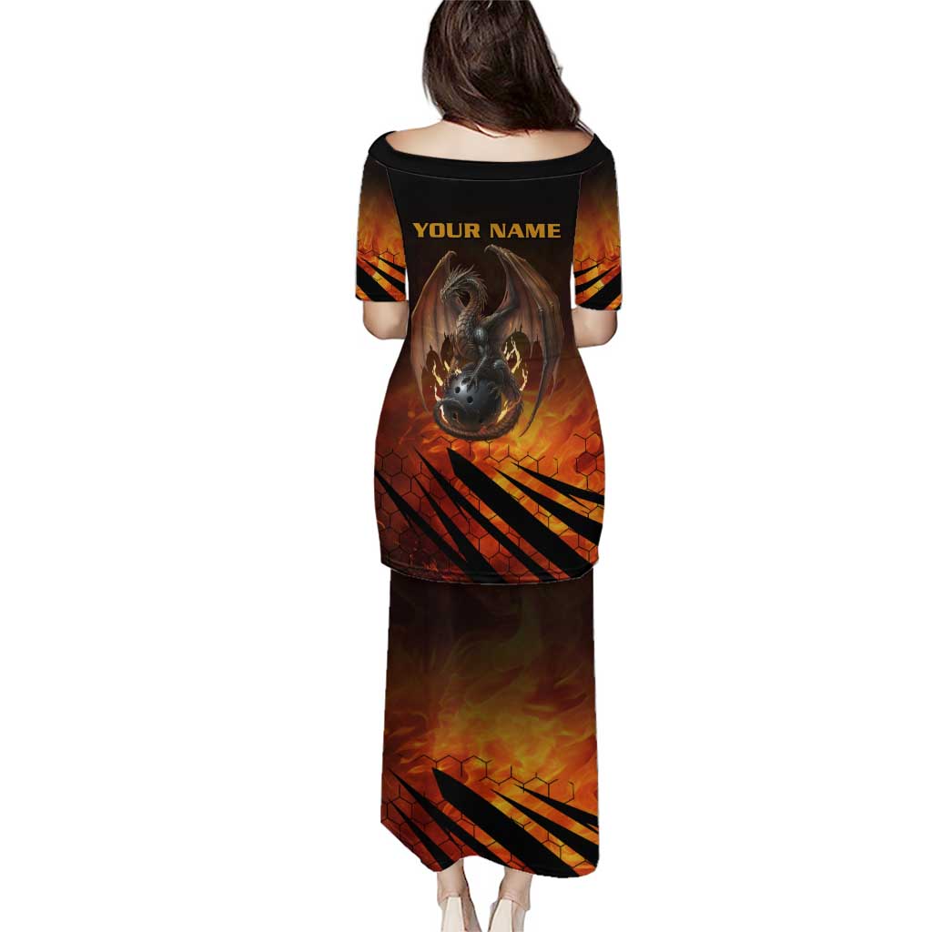 Custom Fiery Dragon Bowling Family Matching Puletasi and Hawaiian Shirt with Flaming Ball and Hexagon Flame Pattern - Wonder Print Shop