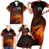 Custom Fiery Dragon Bowling Family Matching Short Sleeve Bodycon Dress and Hawaiian Shirt with Flaming Ball and Hexagon Flame Pattern - Wonder Print Shop