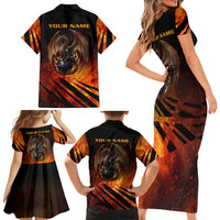 Custom Fiery Dragon Bowling Family Matching Short Sleeve Bodycon Dress and Hawaiian Shirt with Flaming Ball and Hexagon Flame Pattern - Wonder Print Shop