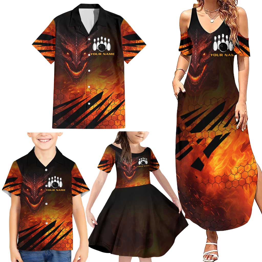 Custom Fiery Dragon Bowling Family Matching Summer Maxi Dress and Hawaiian Shirt with Flaming Ball and Hexagon Flame Pattern - Wonder Print Shop