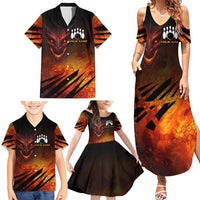 Custom Fiery Dragon Bowling Family Matching Summer Maxi Dress and Hawaiian Shirt with Flaming Ball and Hexagon Flame Pattern - Wonder Print Shop
