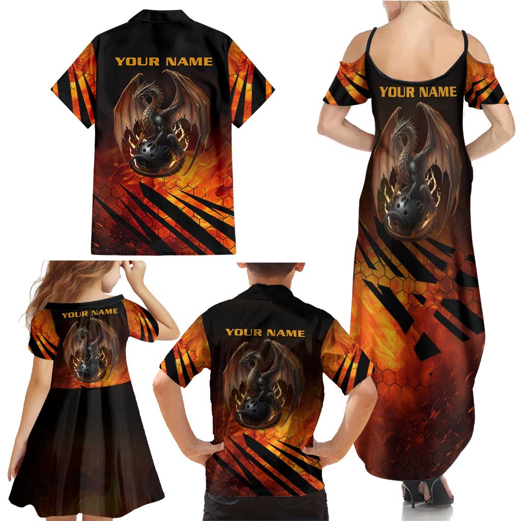 Custom Fiery Dragon Bowling Family Matching Summer Maxi Dress and Hawaiian Shirt with Flaming Ball and Hexagon Flame Pattern - Wonder Print Shop