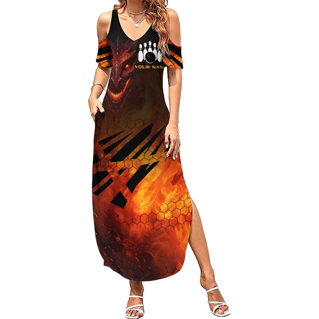 Custom Fiery Dragon Bowling Family Matching Summer Maxi Dress and Hawaiian Shirt with Flaming Ball and Hexagon Flame Pattern - Wonder Print Shop
