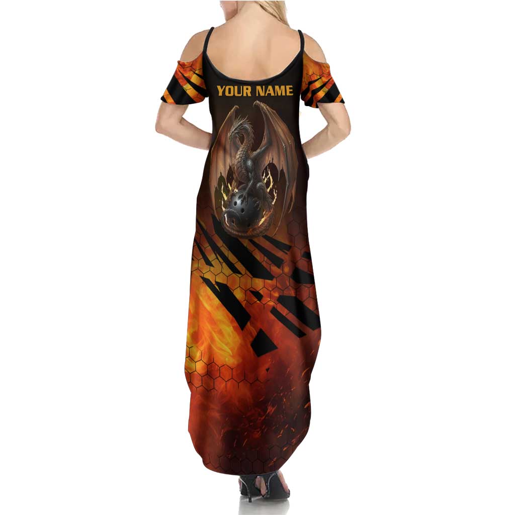 Custom Fiery Dragon Bowling Family Matching Summer Maxi Dress and Hawaiian Shirt with Flaming Ball and Hexagon Flame Pattern - Wonder Print Shop