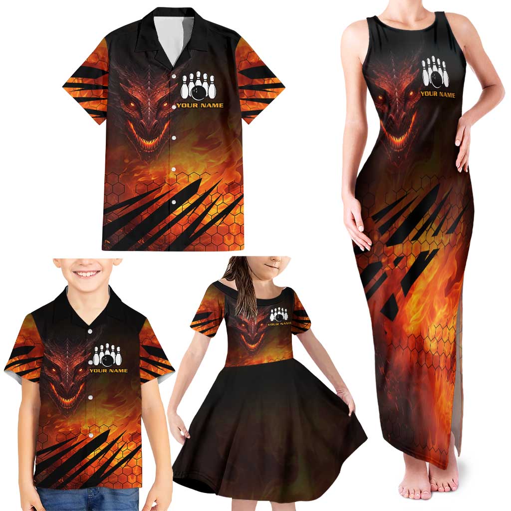 Custom Fiery Dragon Bowling Family Matching Tank Maxi Dress and Hawaiian Shirt with Flaming Ball and Hexagon Flame Pattern - Wonder Print Shop