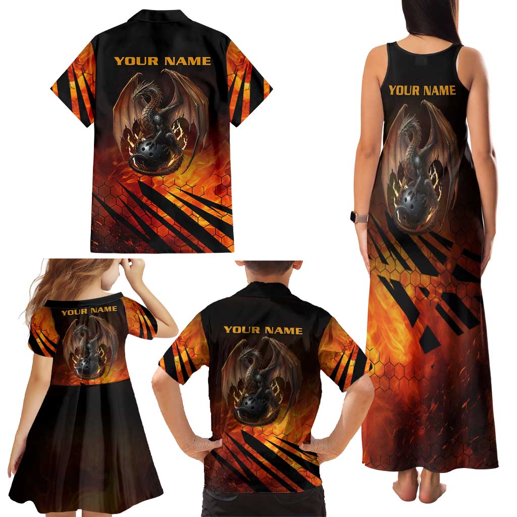 Custom Fiery Dragon Bowling Family Matching Tank Maxi Dress and Hawaiian Shirt with Flaming Ball and Hexagon Flame Pattern - Wonder Print Shop