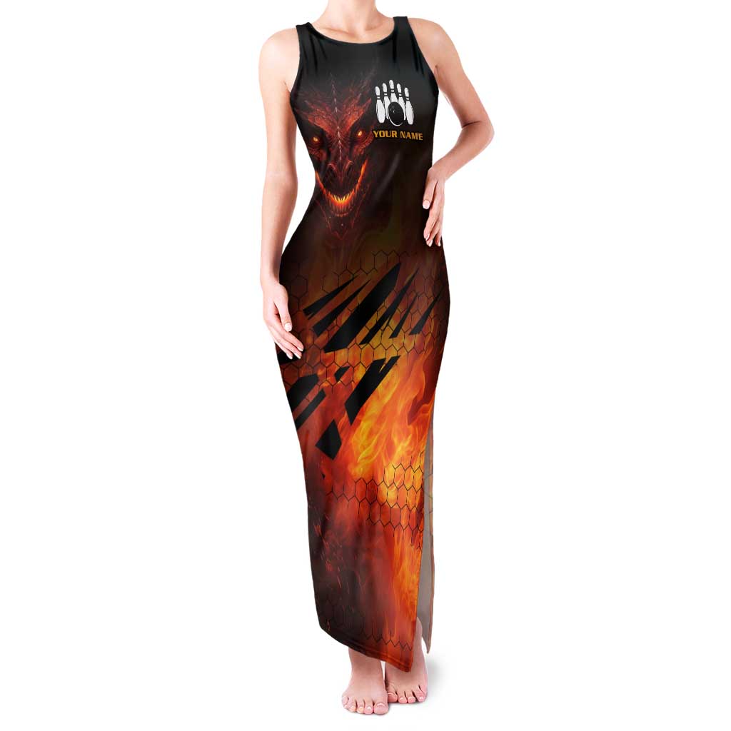 Custom Fiery Dragon Bowling Family Matching Tank Maxi Dress and Hawaiian Shirt with Flaming Ball and Hexagon Flame Pattern - Wonder Print Shop