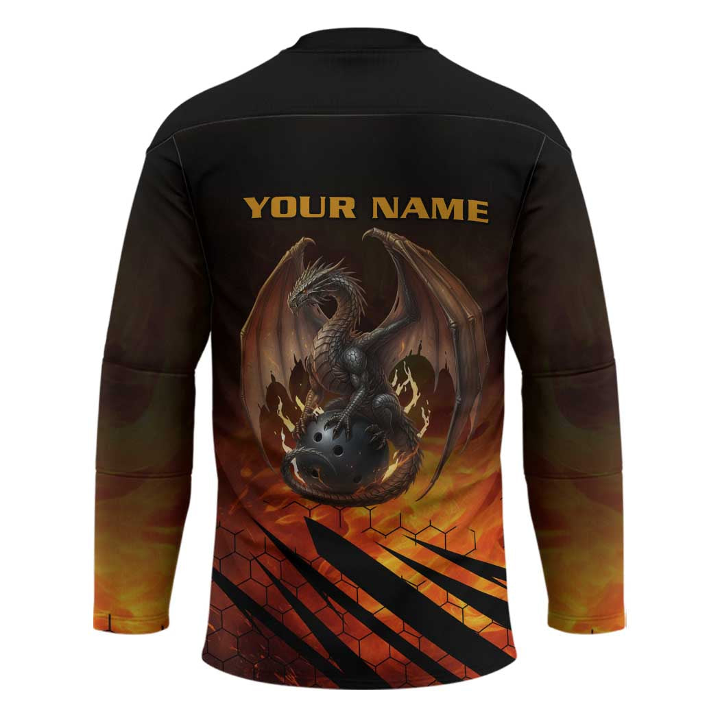 Custom Fiery Dragon Bowling Hockey Jersey with Flaming Ball and Hexagon Flame Pattern - Wonder Print Shop