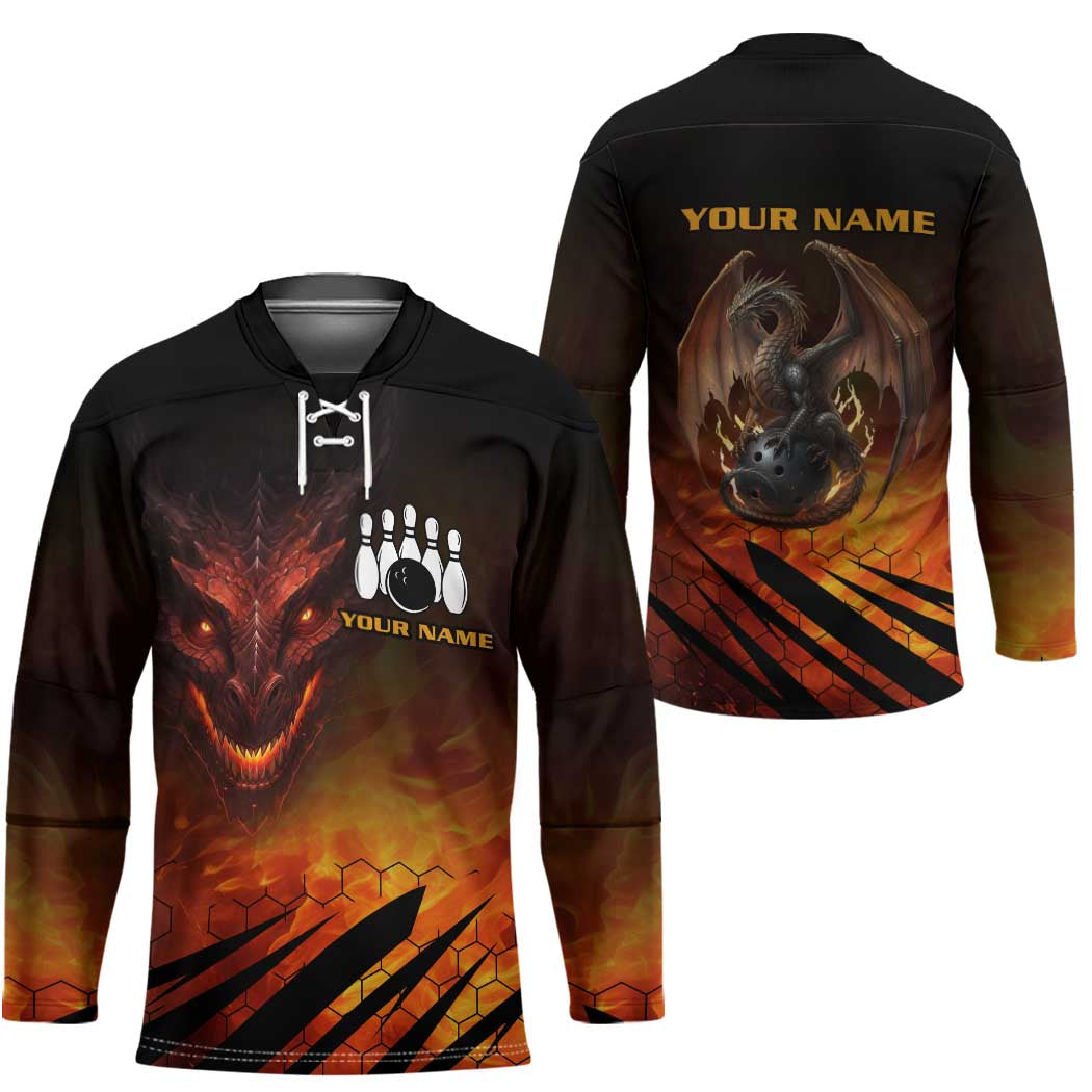 Custom Fiery Dragon Bowling Hockey Jersey with Flaming Ball and Hexagon Flame Pattern - Wonder Print Shop