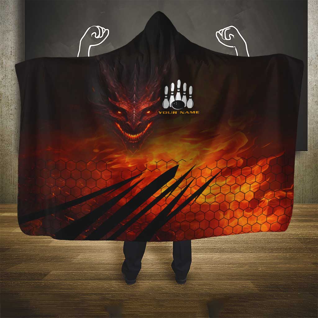 Custom Fiery Dragon Bowling Hooded Blanket with Flaming Ball and Hexagon Flame Pattern - Wonder Print Shop
