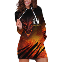 Custom Fiery Dragon Bowling Hoodie Dress with Flaming Ball and Hexagon Flame Pattern - Wonder Print Shop