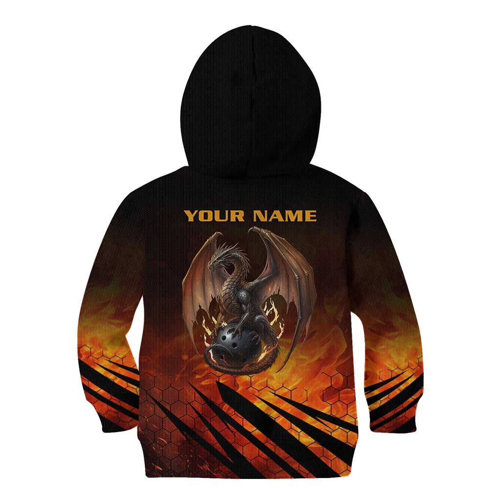 Custom Fiery Dragon Bowling Kid Hoodie with Flaming Ball and Hexagon Flame Pattern - Wonder Print Shop