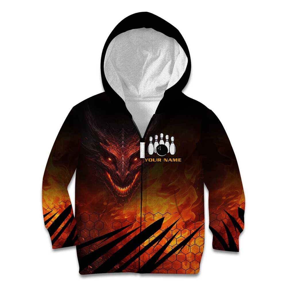 Custom Fiery Dragon Bowling Kid Hoodie with Flaming Ball and Hexagon Flame Pattern - Wonder Print Shop