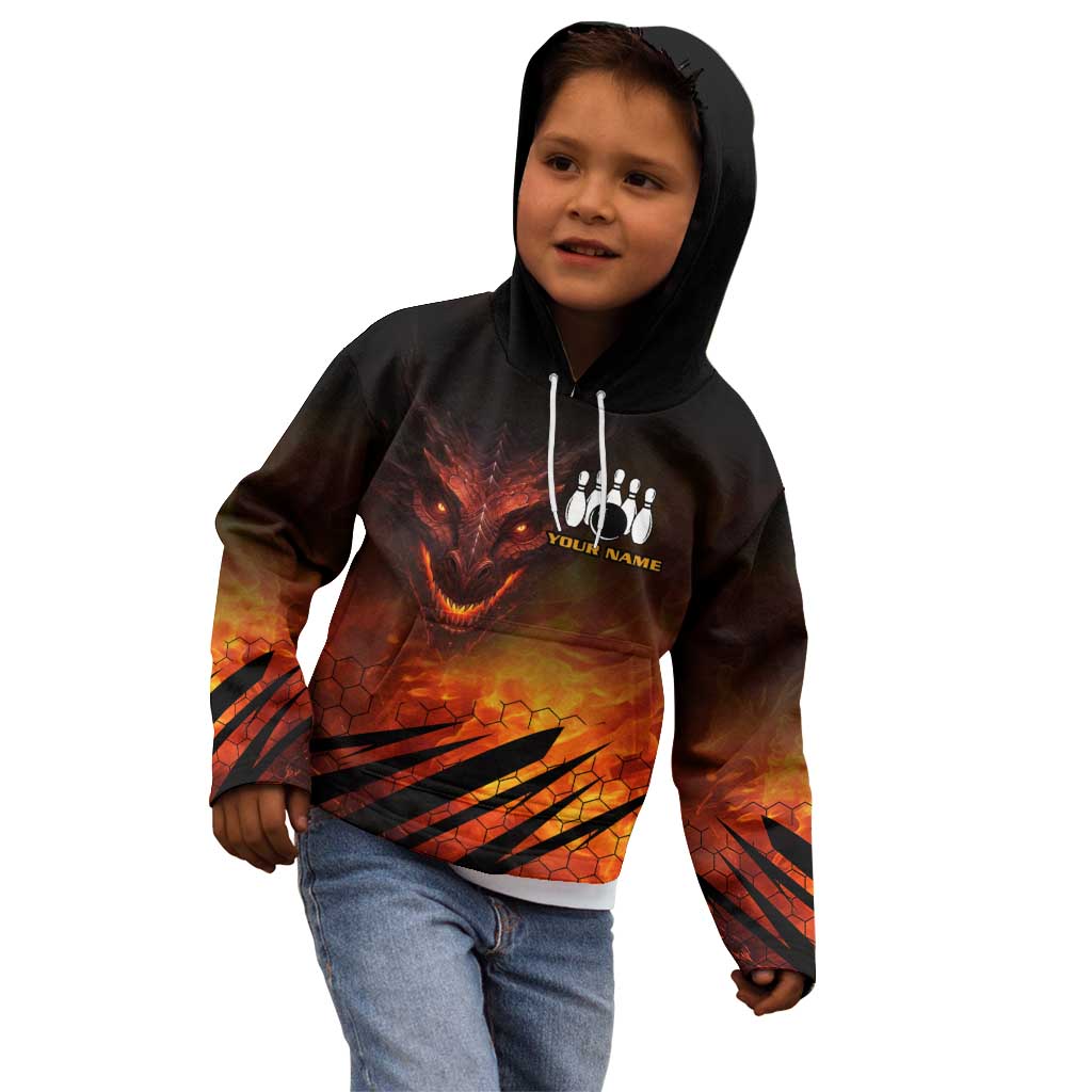 Custom Fiery Dragon Bowling Kid Hoodie with Flaming Ball and Hexagon Flame Pattern - Wonder Print Shop