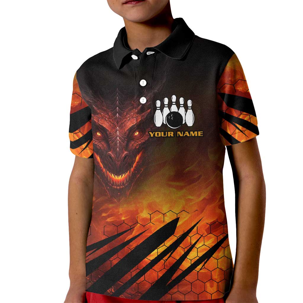 Custom Fiery Dragon Bowling Kid Polo Shirt with Flaming Ball and Hexagon Flame Pattern - Wonder Print Shop