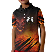 Custom Fiery Dragon Bowling Kid Polo Shirt with Flaming Ball and Hexagon Flame Pattern - Wonder Print Shop